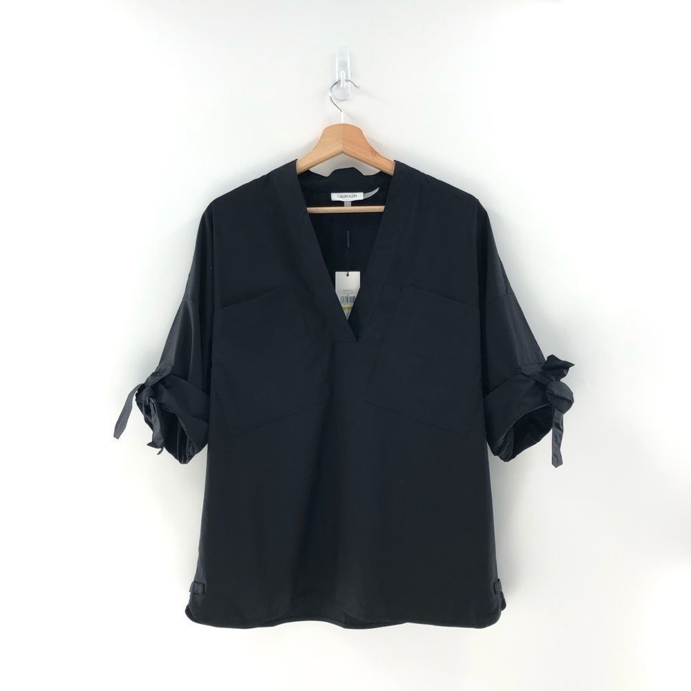 Calvin Klein Solid Poplin V-Neck 3/4 Tie Roll Sleeve Top M